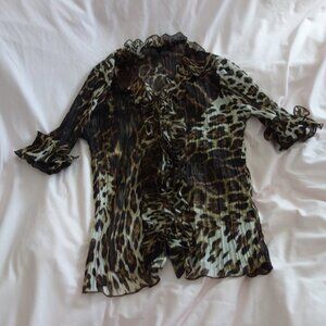 Daniel Animal Print Button Down Blouse with Ruffled Front & Sleeves Size S